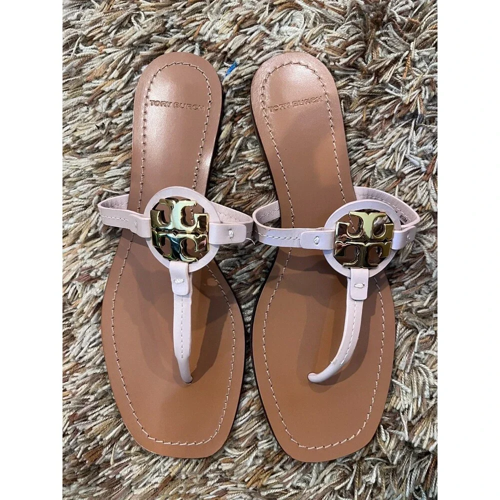Tory Burch Mini Miller Sandal Square Toe Size 8.5 Pale Pink Gold Leather Thong